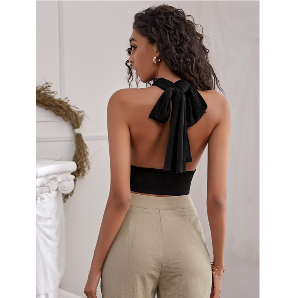 Criss Cross Black Rib Knit Crop Halter Top - Picture 2 of 6